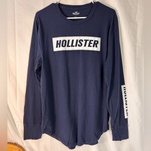 Hollister California Men's Blue and White Long Sleeve Graphic T-Shirt Size Large